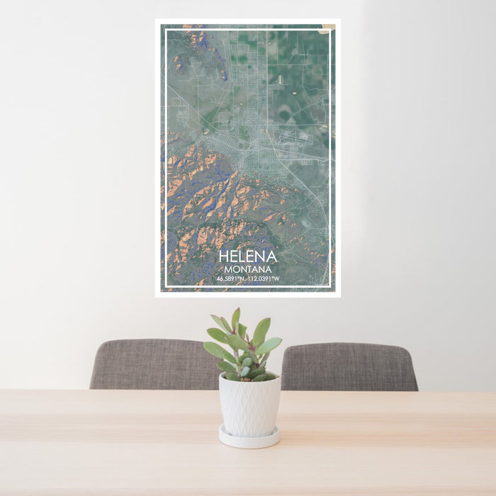 24x36 Helena Montana Map Print Portrait Orientation in Afternoon Style Behind 2 Chairs Table and Potted Plant