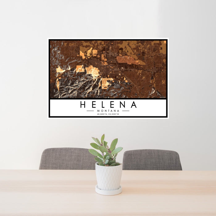 24x36 Helena Montana Map Print Lanscape Orientation in Ember Style Behind 2 Chairs Table and Potted Plant