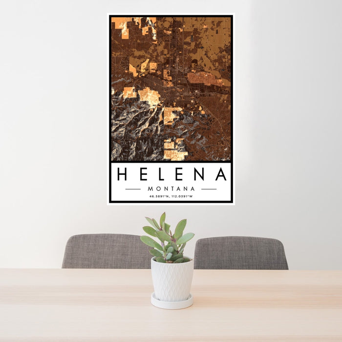 24x36 Helena Montana Map Print Portrait Orientation in Ember Style Behind 2 Chairs Table and Potted Plant