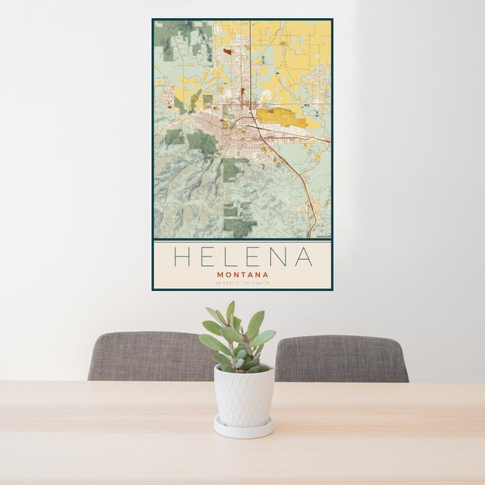 24x36 Helena Montana Map Print Portrait Orientation in Woodblock Style Behind 2 Chairs Table and Potted Plant