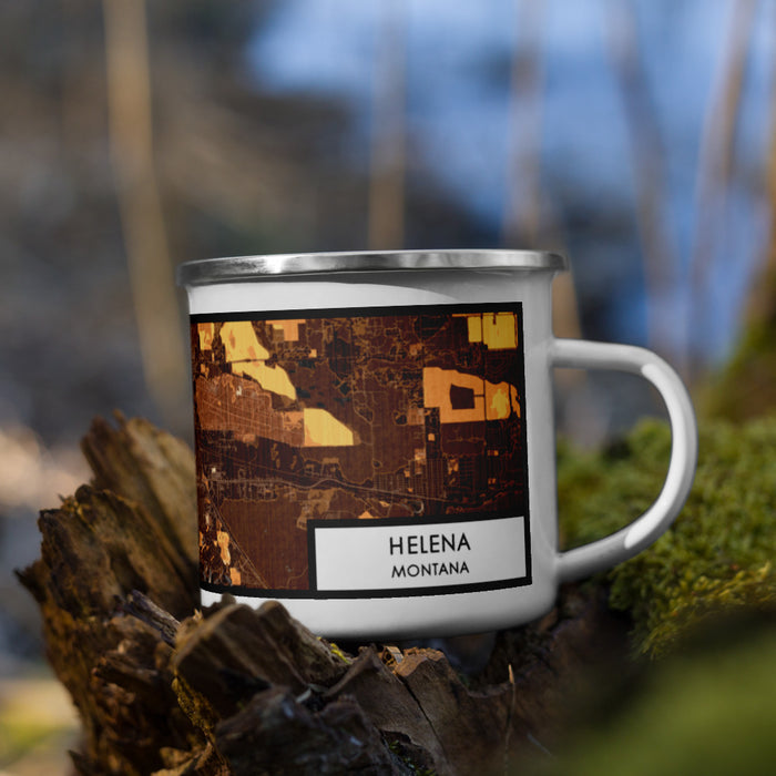 Right View Custom Helena Montana Map Enamel Mug in Ember on Grass With Trees in Background