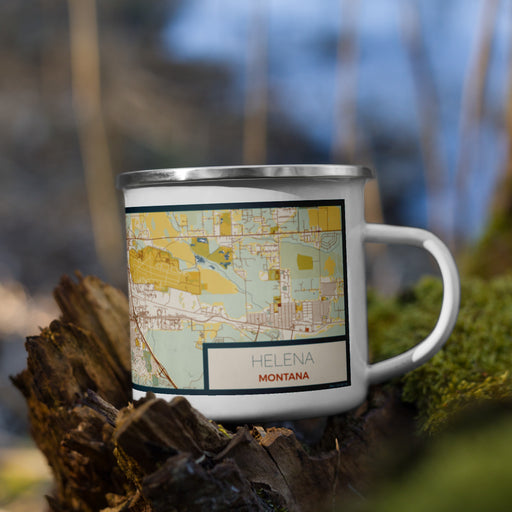 Right View Custom Helena Montana Map Enamel Mug in Woodblock on Grass With Trees in Background
