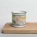 Front View Custom Helena Montana Map Enamel Mug in Woodblock on Cutting Board