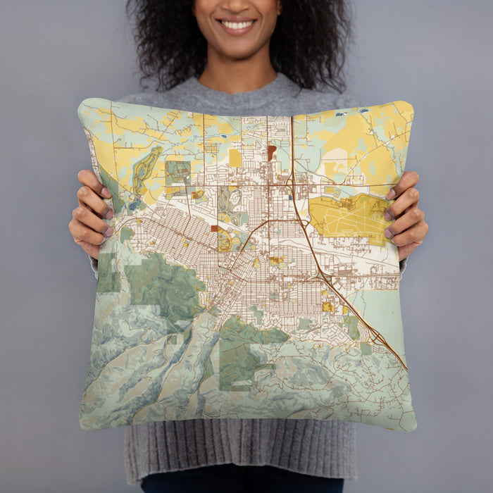 Person holding 18x18 Custom Helena Montana Map Throw Pillow in Woodblock