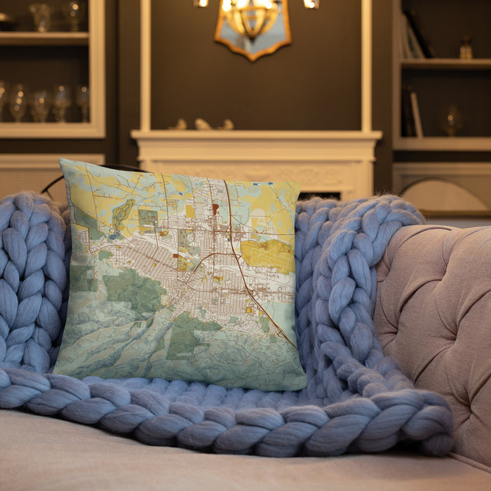 Custom Helena Montana Map Throw Pillow in Woodblock on Cream Colored Couch