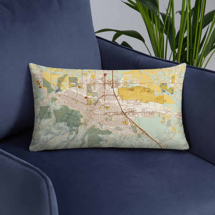 Custom Helena Montana Map Throw Pillow in Woodblock on Blue Colored Chair