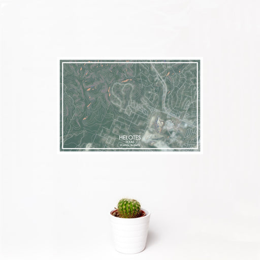 12x18 Helotes Texas Map Print Landscape Orientation in Afternoon Style With Small Cactus Plant in White Planter