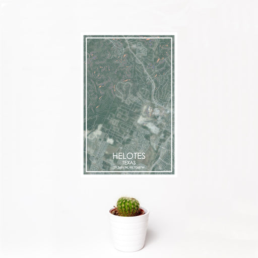 12x18 Helotes Texas Map Print Portrait Orientation in Afternoon Style With Small Cactus Plant in White Planter