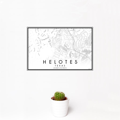 12x18 Helotes Texas Map Print Landscape Orientation in Classic Style With Small Cactus Plant in White Planter