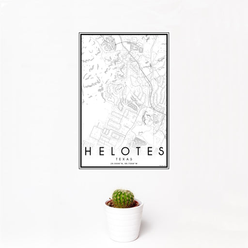12x18 Helotes Texas Map Print Portrait Orientation in Classic Style With Small Cactus Plant in White Planter