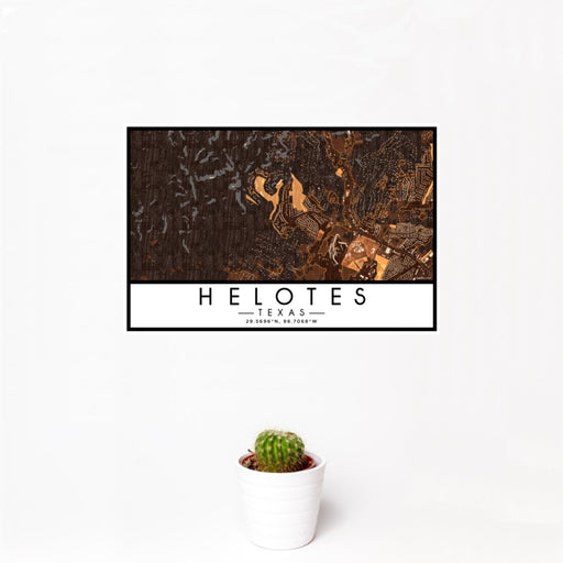 12x18 Helotes Texas Map Print Landscape Orientation in Ember Style With Small Cactus Plant in White Planter