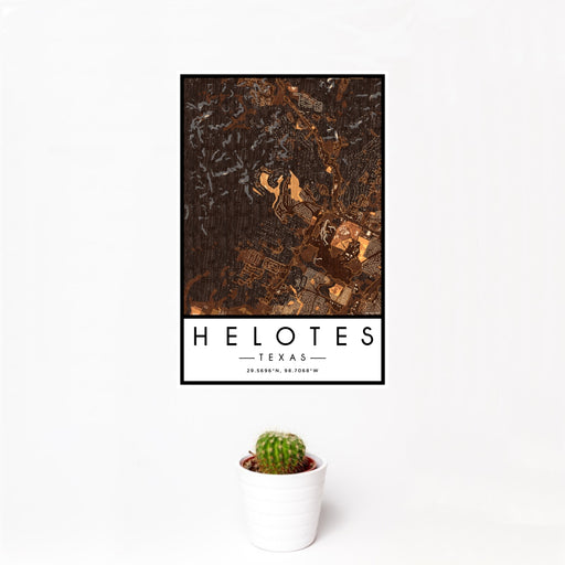 12x18 Helotes Texas Map Print Portrait Orientation in Ember Style With Small Cactus Plant in White Planter