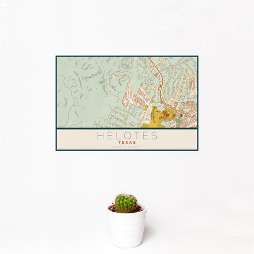 12x18 Helotes Texas Map Print Landscape Orientation in Woodblock Style With Small Cactus Plant in White Planter