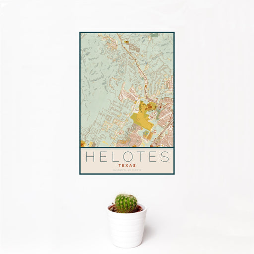 12x18 Helotes Texas Map Print Portrait Orientation in Woodblock Style With Small Cactus Plant in White Planter