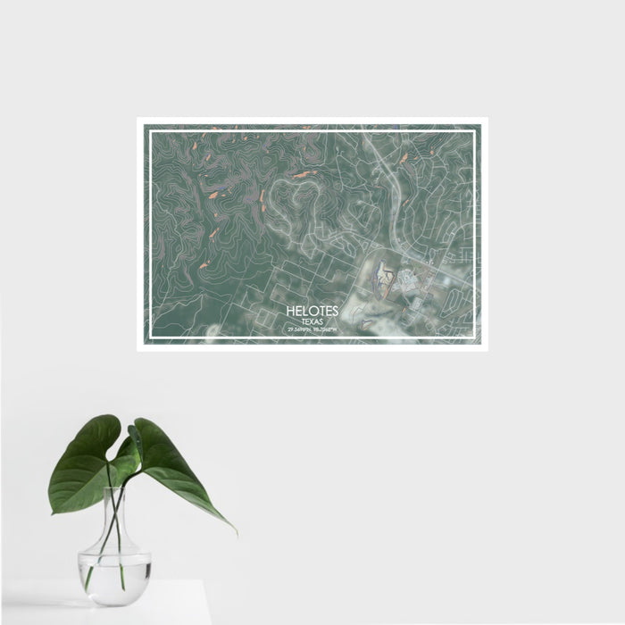 16x24 Helotes Texas Map Print Landscape Orientation in Afternoon Style With Tropical Plant Leaves in Water