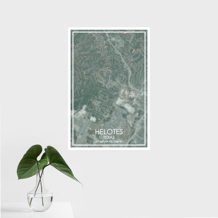 16x24 Helotes Texas Map Print Portrait Orientation in Afternoon Style With Tropical Plant Leaves in Water