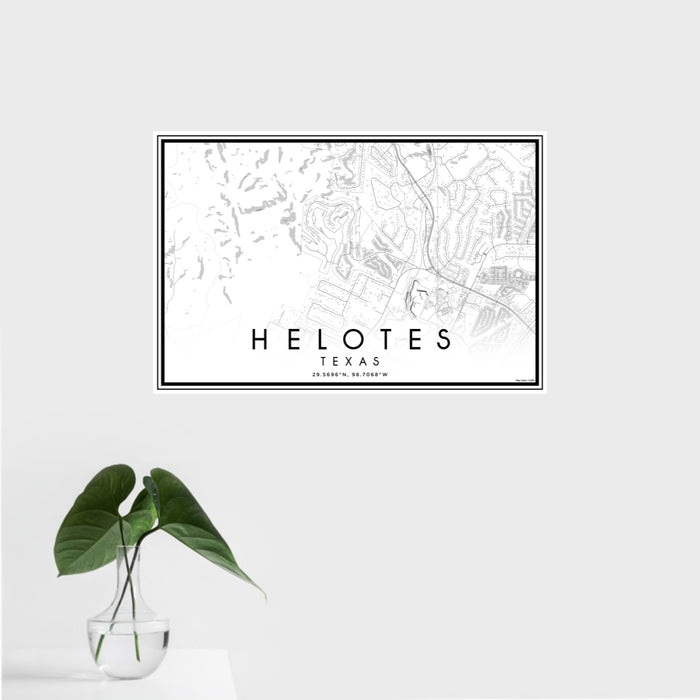 16x24 Helotes Texas Map Print Landscape Orientation in Classic Style With Tropical Plant Leaves in Water