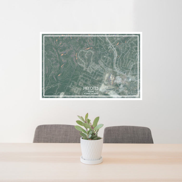 24x36 Helotes Texas Map Print Lanscape Orientation in Afternoon Style Behind 2 Chairs Table and Potted Plant