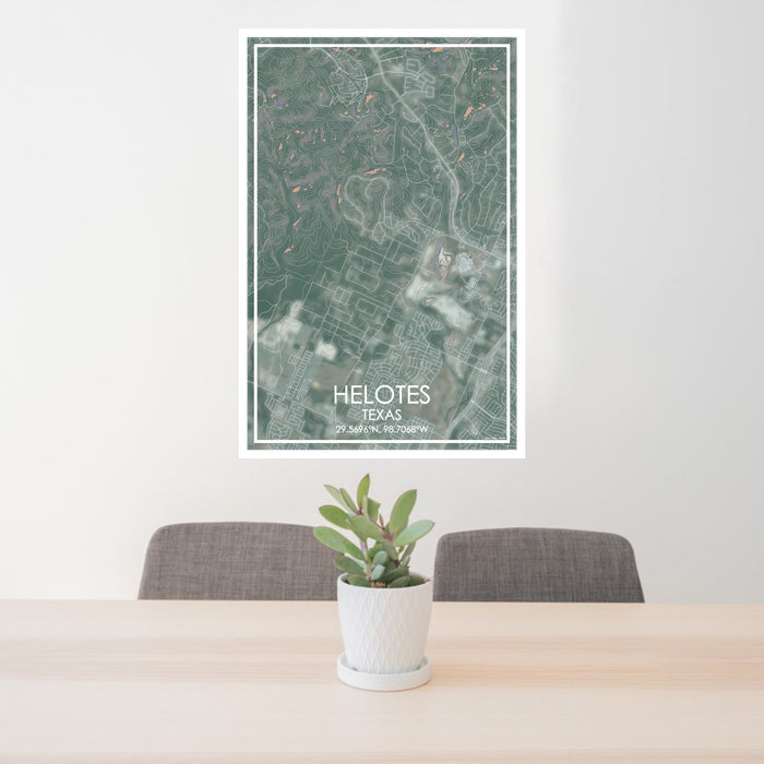 24x36 Helotes Texas Map Print Portrait Orientation in Afternoon Style Behind 2 Chairs Table and Potted Plant