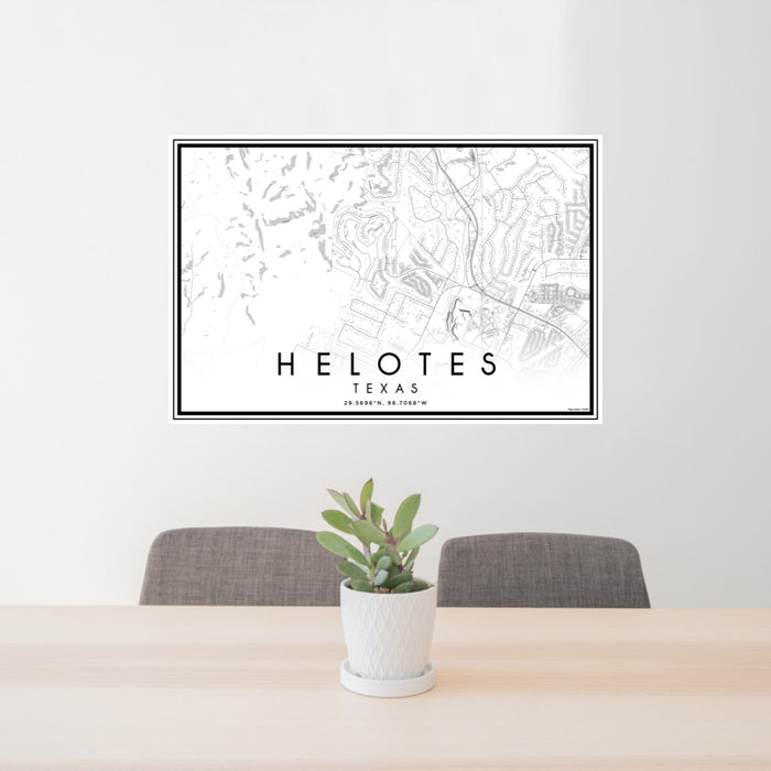 24x36 Helotes Texas Map Print Lanscape Orientation in Classic Style Behind 2 Chairs Table and Potted Plant
