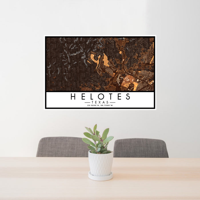 24x36 Helotes Texas Map Print Lanscape Orientation in Ember Style Behind 2 Chairs Table and Potted Plant