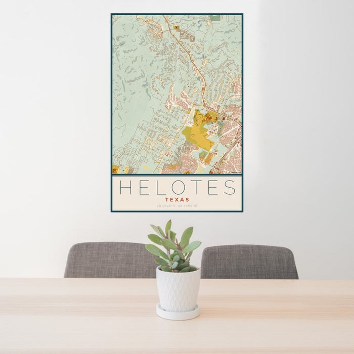 24x36 Helotes Texas Map Print Portrait Orientation in Woodblock Style Behind 2 Chairs Table and Potted Plant