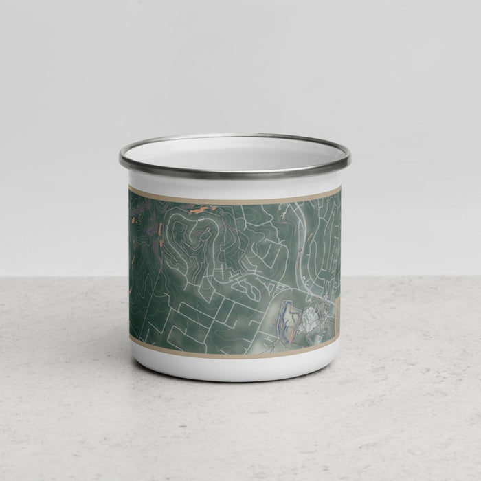 Front View Custom Helotes Texas Map Enamel Mug in Afternoon