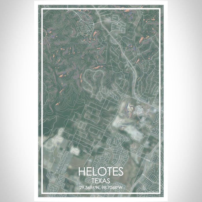 Helotes Texas Map Print Portrait Orientation in Afternoon Style With Shaded Background