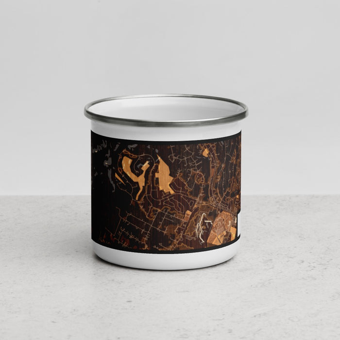 Front View Custom Helotes Texas Map Enamel Mug in Ember