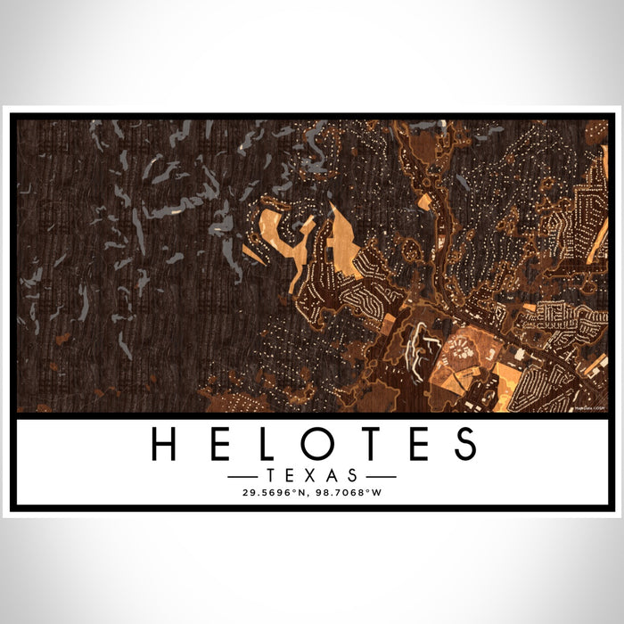 Helotes Texas Map Print Landscape Orientation in Ember Style With Shaded Background