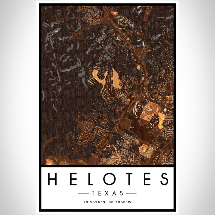 Helotes Texas Map Print Portrait Orientation in Ember Style With Shaded Background
