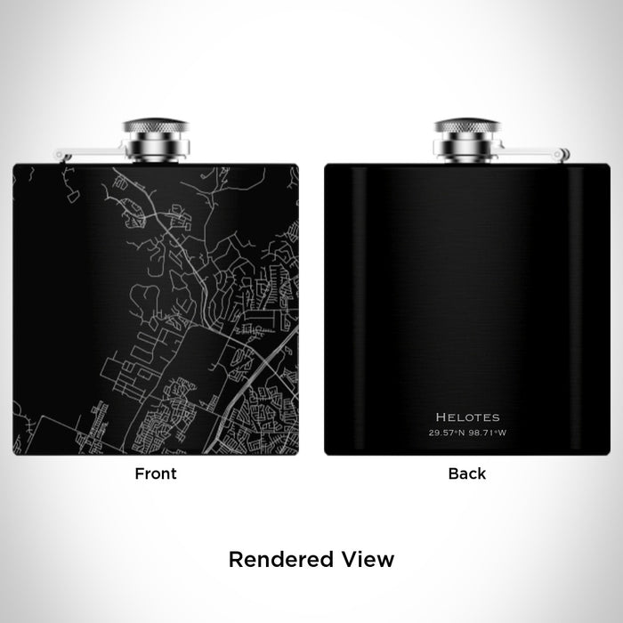 Rendered View of Helotes Texas Map Engraving on 6oz Stainless Steel Flask in Black