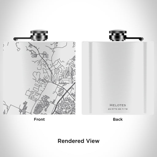 Rendered View of Helotes Texas Map Engraving on 6oz Stainless Steel Flask in White