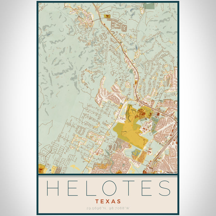 Helotes Texas Map Print Portrait Orientation in Woodblock Style With Shaded Background