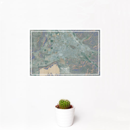 12x18 Hemet California Map Print Landscape Orientation in Afternoon Style With Small Cactus Plant in White Planter
