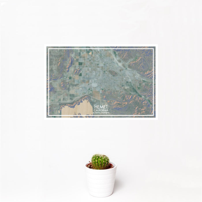 12x18 Hemet California Map Print Landscape Orientation in Afternoon Style With Small Cactus Plant in White Planter