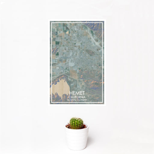 12x18 Hemet California Map Print Portrait Orientation in Afternoon Style With Small Cactus Plant in White Planter