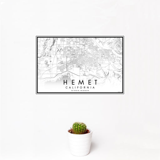 12x18 Hemet California Map Print Landscape Orientation in Classic Style With Small Cactus Plant in White Planter
