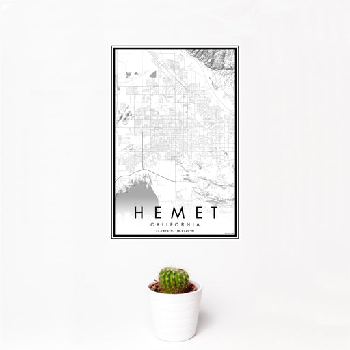 12x18 Hemet California Map Print Portrait Orientation in Classic Style With Small Cactus Plant in White Planter