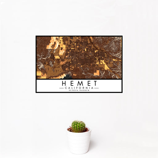12x18 Hemet California Map Print Landscape Orientation in Ember Style With Small Cactus Plant in White Planter