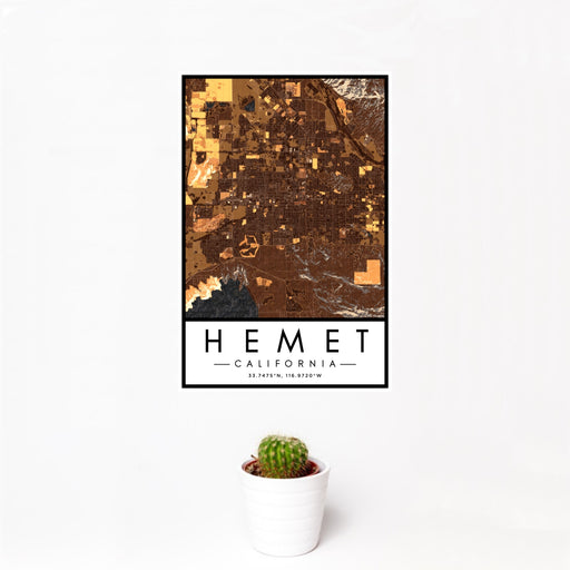 12x18 Hemet California Map Print Portrait Orientation in Ember Style With Small Cactus Plant in White Planter