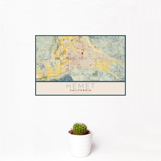 12x18 Hemet California Map Print Landscape Orientation in Woodblock Style With Small Cactus Plant in White Planter