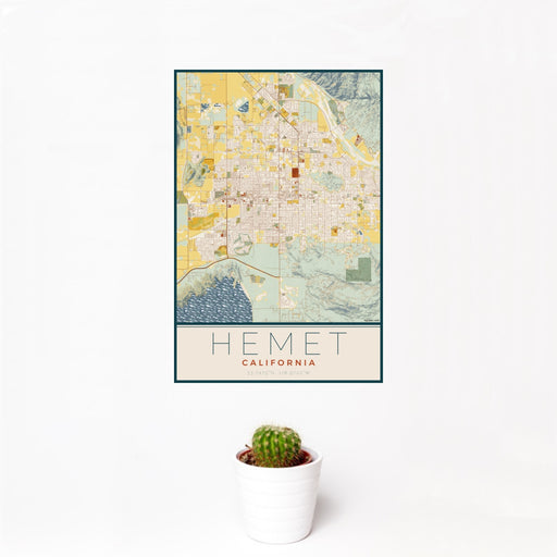 12x18 Hemet California Map Print Portrait Orientation in Woodblock Style With Small Cactus Plant in White Planter