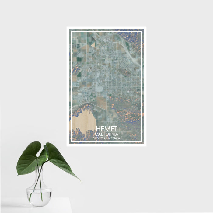 16x24 Hemet California Map Print Portrait Orientation in Afternoon Style With Tropical Plant Leaves in Water