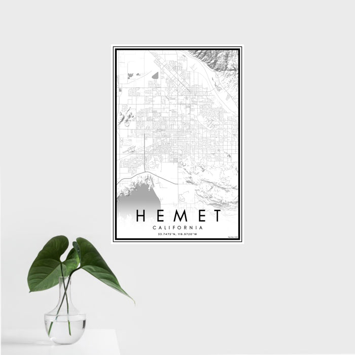16x24 Hemet California Map Print Portrait Orientation in Classic Style With Tropical Plant Leaves in Water