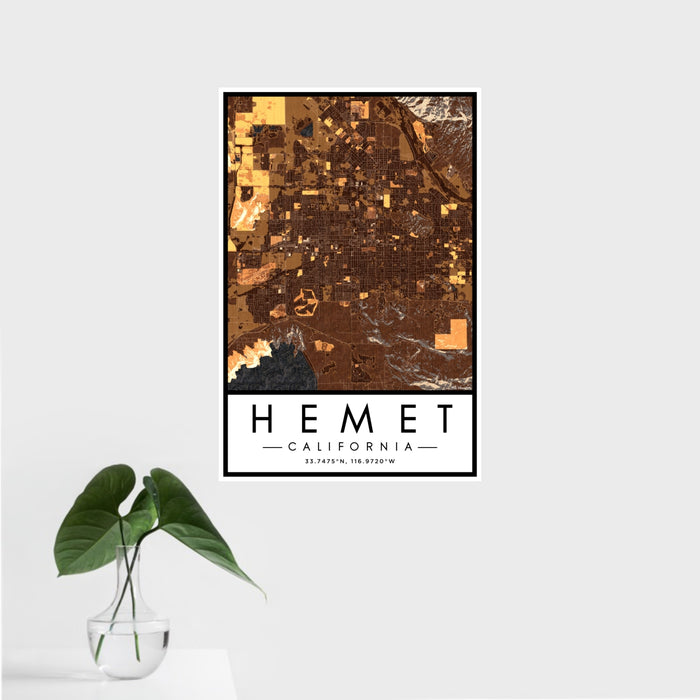 16x24 Hemet California Map Print Portrait Orientation in Ember Style With Tropical Plant Leaves in Water