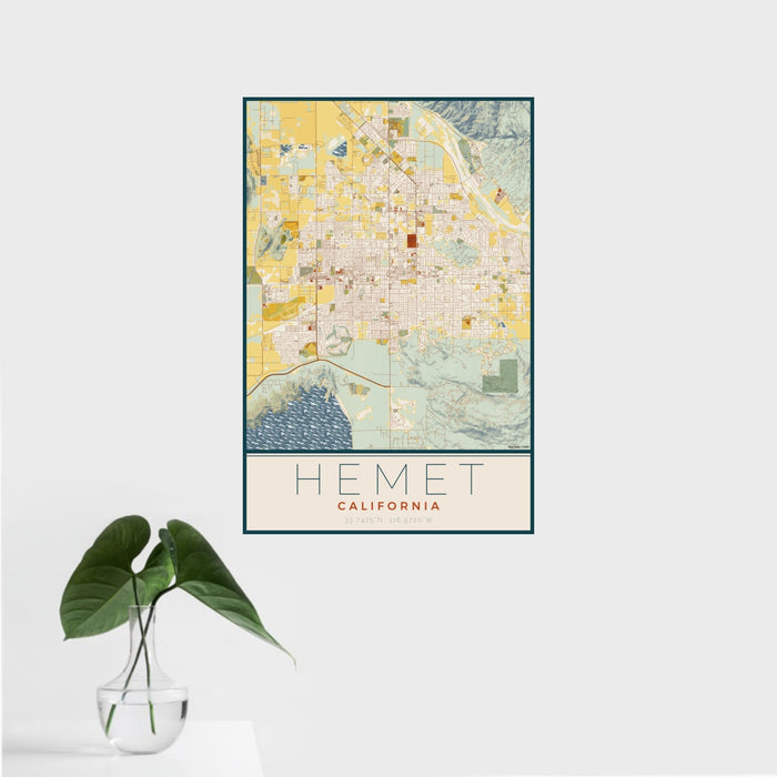 16x24 Hemet California Map Print Portrait Orientation in Woodblock Style With Tropical Plant Leaves in Water