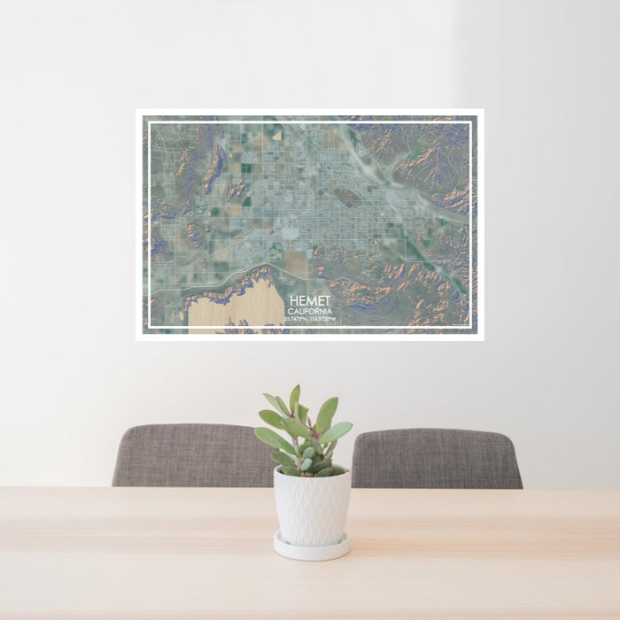 24x36 Hemet California Map Print Lanscape Orientation in Afternoon Style Behind 2 Chairs Table and Potted Plant