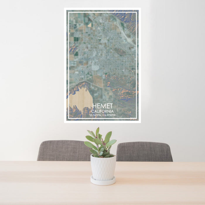 24x36 Hemet California Map Print Portrait Orientation in Afternoon Style Behind 2 Chairs Table and Potted Plant