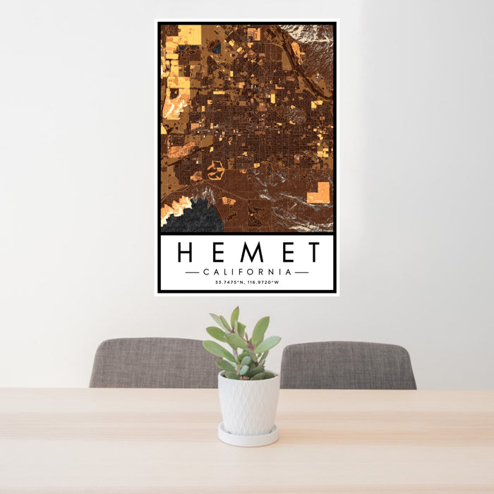 24x36 Hemet California Map Print Portrait Orientation in Ember Style Behind 2 Chairs Table and Potted Plant